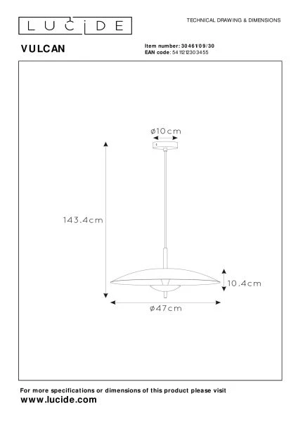 Lucide VULCAN - Suspension - Ø 47 cm - LED Dim. - 1x9W 3000K - Noir - technique